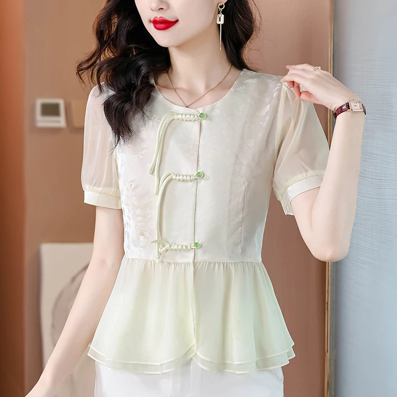 法式圆领盘扣短袖上衣女2024夏季新款新中式国风漂亮减龄洋气小衫