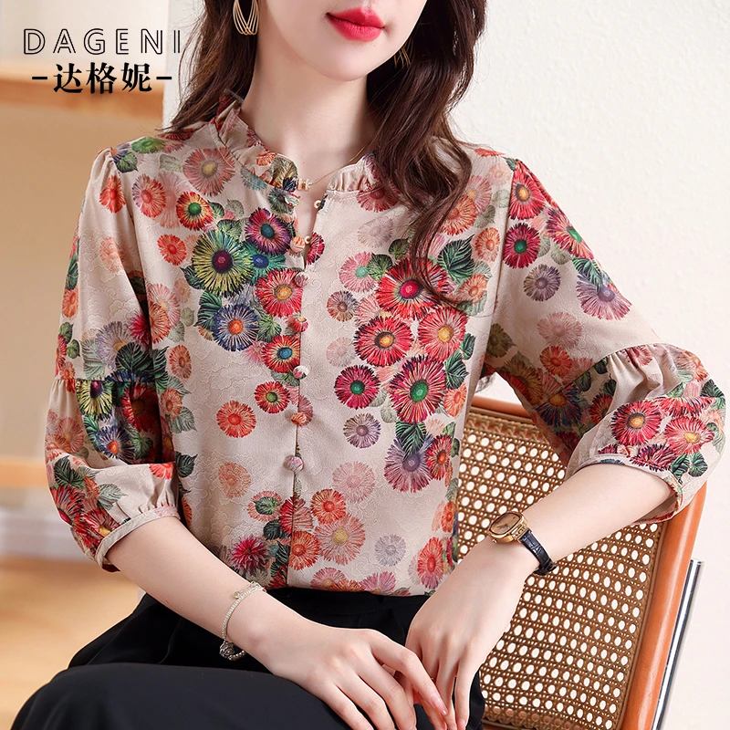 时尚复古印花七分袖雪纺衫女2024夏季新款宽松遮肚子洋气减龄小衫