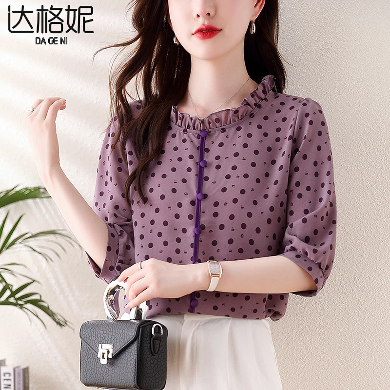 时尚气质波点印花五分袖雪纺衫女2024夏季新款宽松显瘦遮肚子小衫