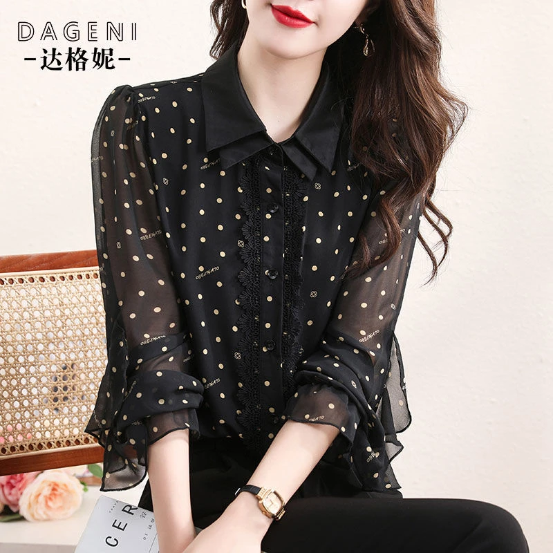 黑色圆点拼接雪纺长袖衬衫女秋季新款韩版减龄衬衣女宽松显瘦上衣