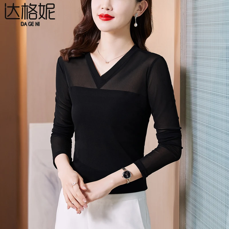 达格妮网纱打底衫女长袖纱衣t恤大码2025春秋弹力紧身v领薄纱上衣