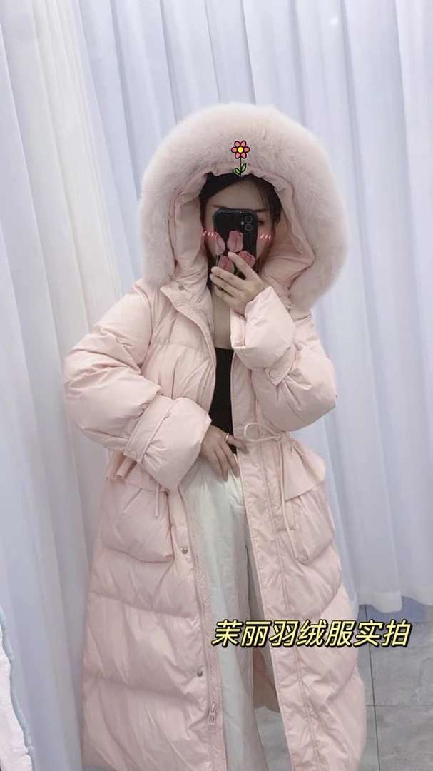 羽绒服女中长款过膝甜美荷叶边连帽收腰显瘦狐狸毛领白鸭绒外套冬