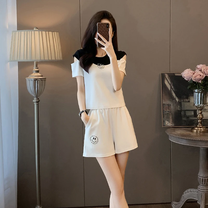 休闲运动套装女夏显瘦时尚洋气减龄小个子气质露肩短袖短裤两件套
