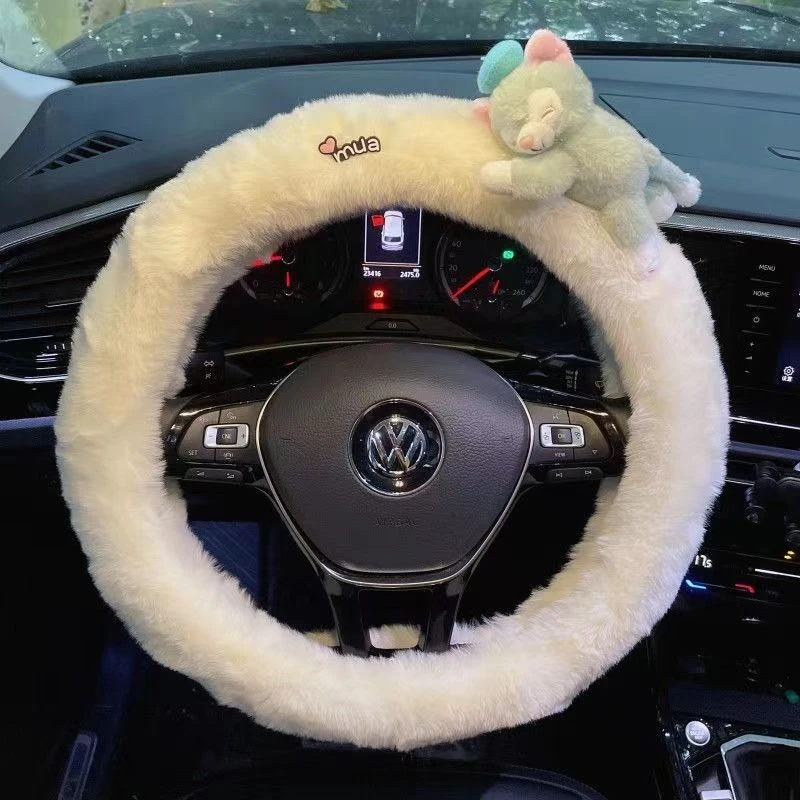 新款粉白冬季毛绒方向盘套可爱卡通时尚保暖毛毛汽车创意装饰把套