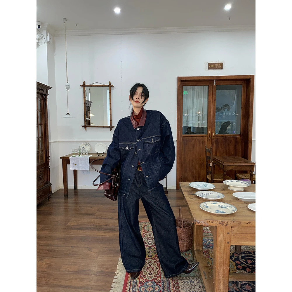 JCCC影子【冬日丹宁】深蓝色撞色拼皮翻领夹棉加厚牛仔套装JE4KNZ10