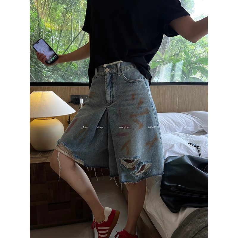 JCCC影子【视觉效果】色彩泼墨毛边水洗牛仔中裤JE4LNU10