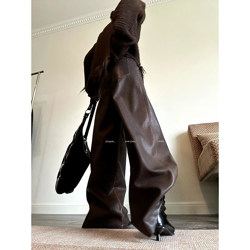 JCCC影子【费城】咖色PU皮裤女高腰显瘦阔腿设计裤子JE4FNK15