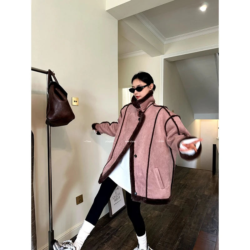 JCCC影子【智感粉棕】复古立领秀场撞色皮毛一体外套JE4ICW11