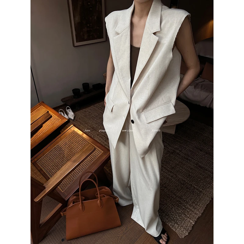 JCCC影子【白鸽颂】极简静奢米色混色麻感西装领马甲阔腿裤JE4LSZ13