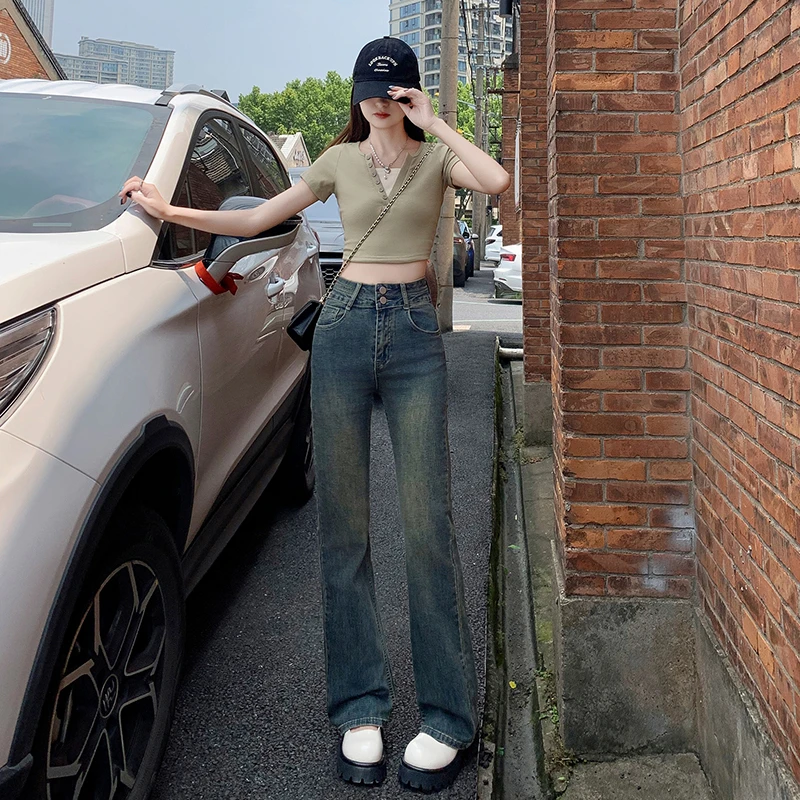 美式复古微喇牛仔裤女2024年春秋新款辣妹弹力小个子低腰喇叭裤子