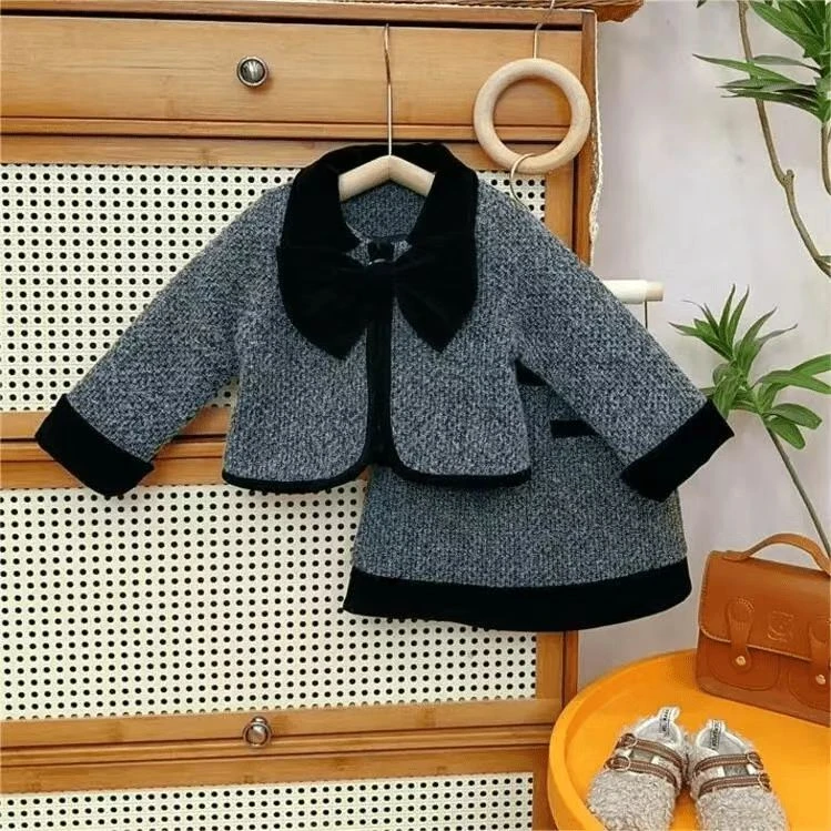 2024冬季新款童装韩版童装女童气质小香风夹棉外套+半裙套装23513