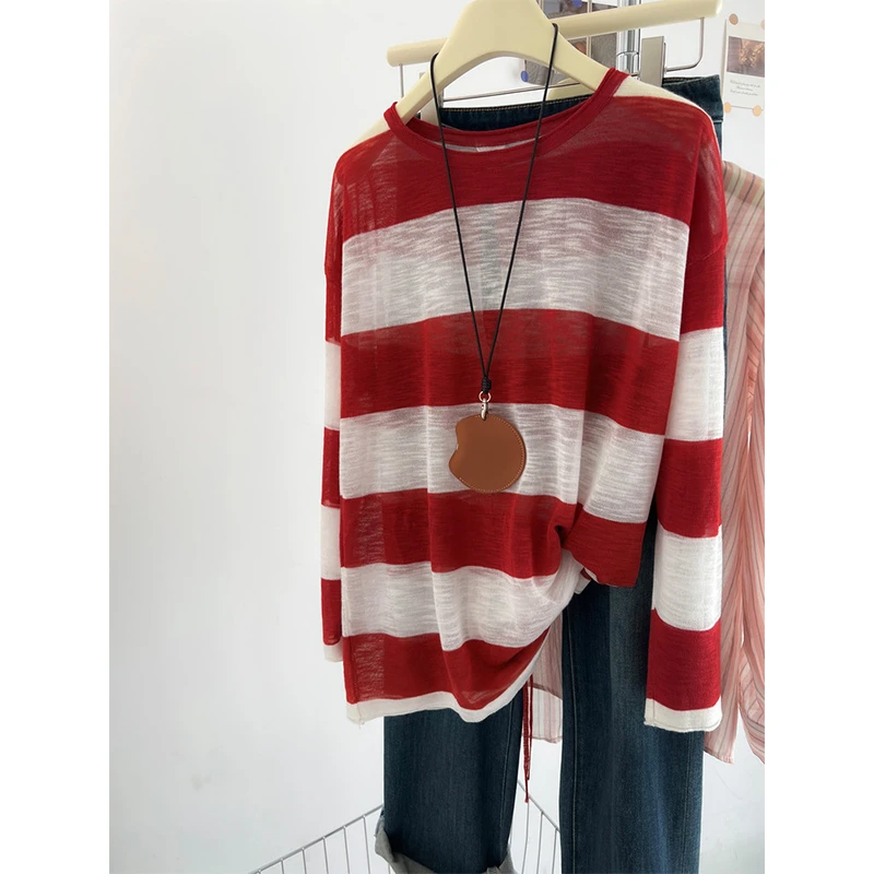 红色条纹薄款针织冰丝长袖T恤女夏季空调防晒衫韩系温柔罩衫上衣