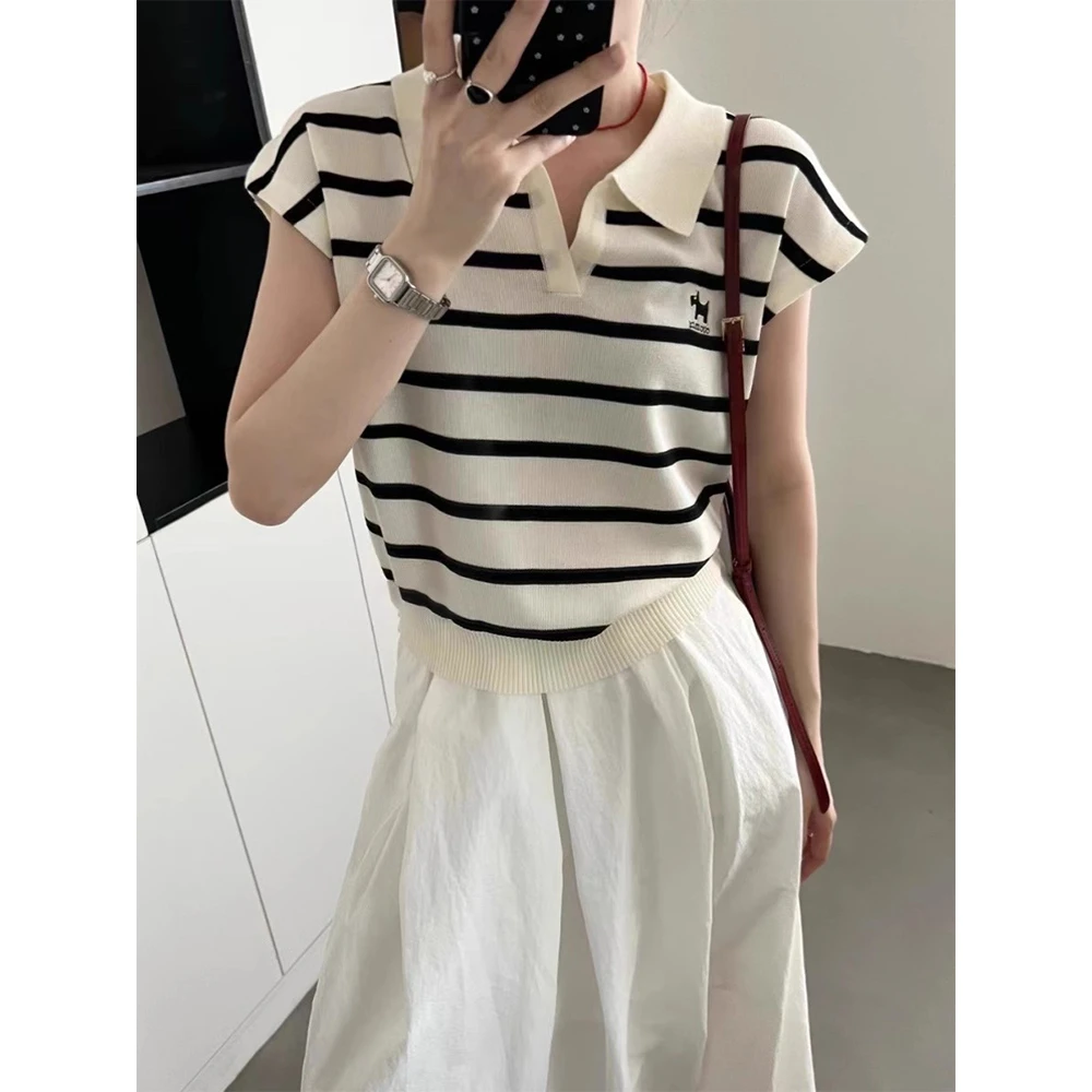韩版设计感polo领百搭短袖正肩t恤女夏条纹短款针织小飞袖上衣薄