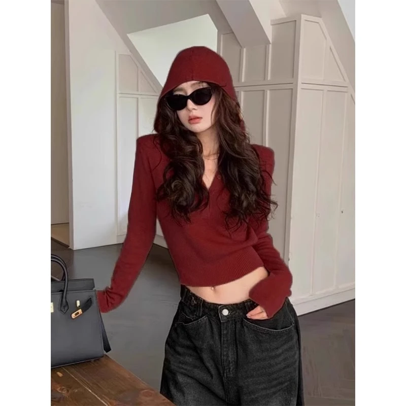 GL911辣妹安可拉红连帽针织打底衫女早秋百搭修身短款毛衣设计感
