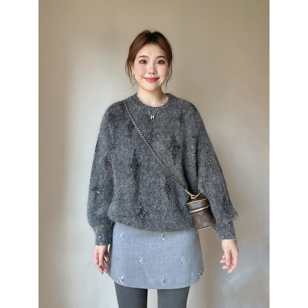 灰色百搭设计感小众奶呼呼软糯套头毛衣女秋冬款复古圆领针织衫