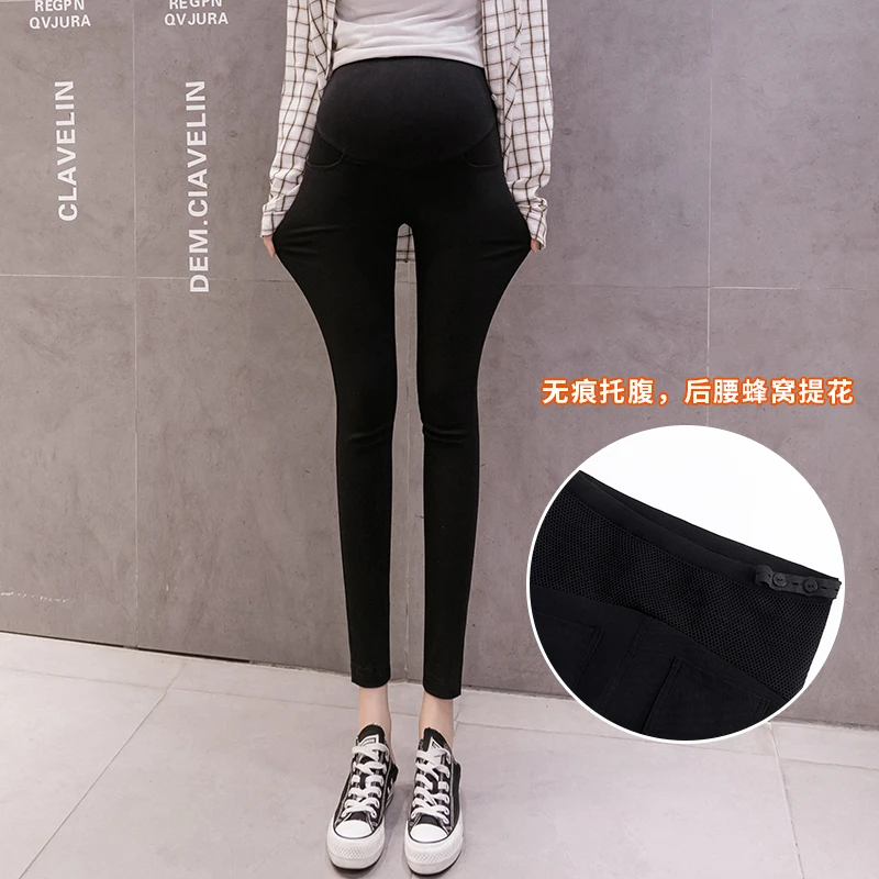 孕妇小黑裤蜂窝托腹无痕春季铅笔裤孕妇铅笔裤时尚外穿春秋款