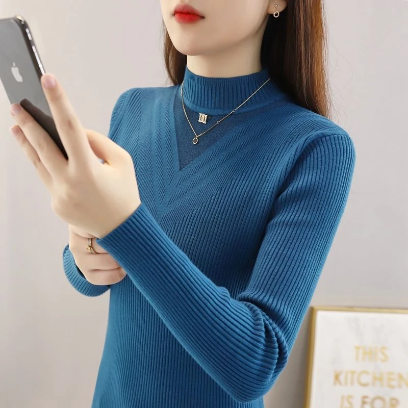 2024秋冬新款半高领针织衫女内搭修身韩版套头毛衣纯色拼接打底衫