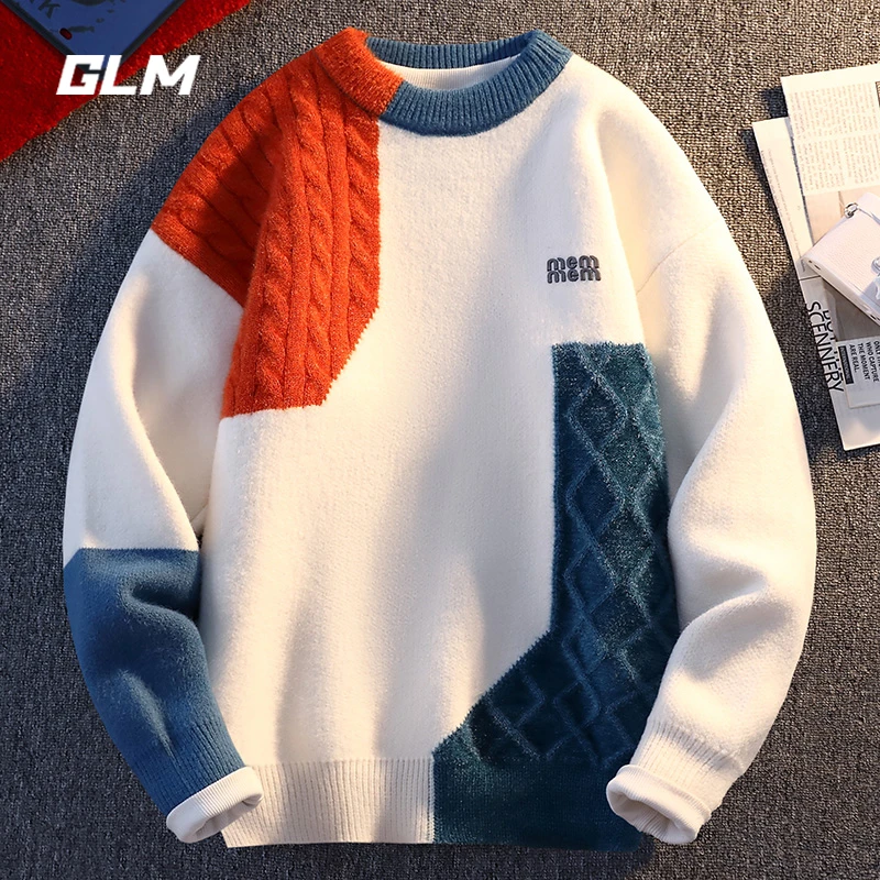 集团品牌GLM慵懒风圆领潮流休闲保暖宽松加厚春秋套头毛衣 男外套