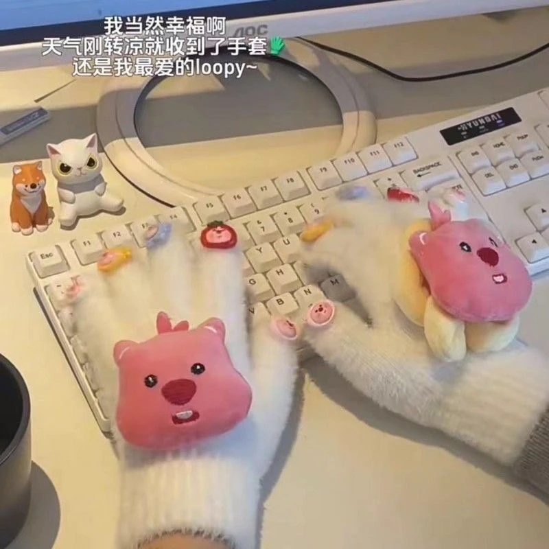 秋冬款露比小海狸卡通时尚水貂毛毛绒手套保暖骑车毛绒情侣手套