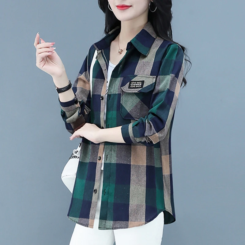 宽松显瘦格子衬衫女夏季外搭洋气减龄妈妈装韩版百搭长袖衬衣外套