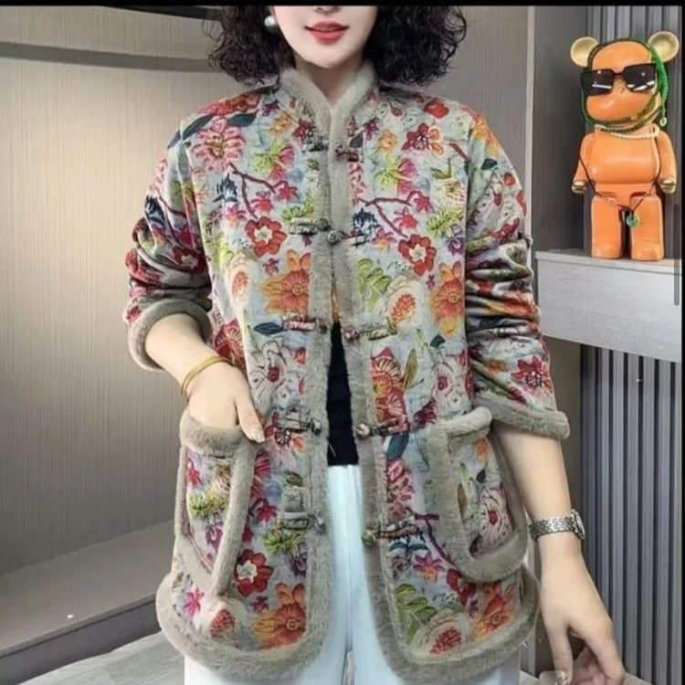 秋冬季新款女加绒新中式盘扣碎花棉衣时尚百搭中老年妈妈装厚外套