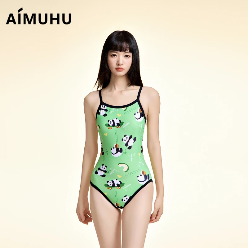 新款滑板熊猫连体泳衣女士纯欲风性感辣妹印花训练沙滩温泉度假