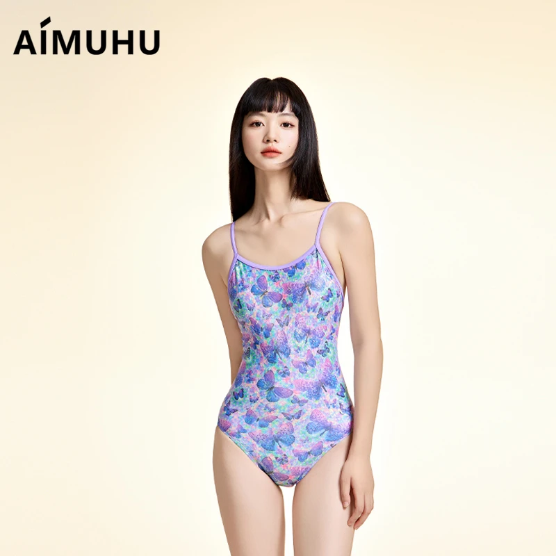 新款彩蝶系带泳衣三角连体游泳衣竞速专业紧身露背紫色仙气女运动