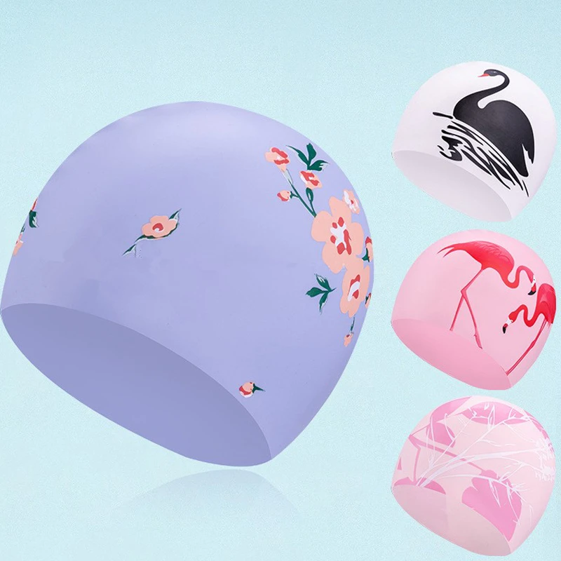 AIMUHU小清新印花高品质泳帽硅胶防水护耳长发泳帽女
