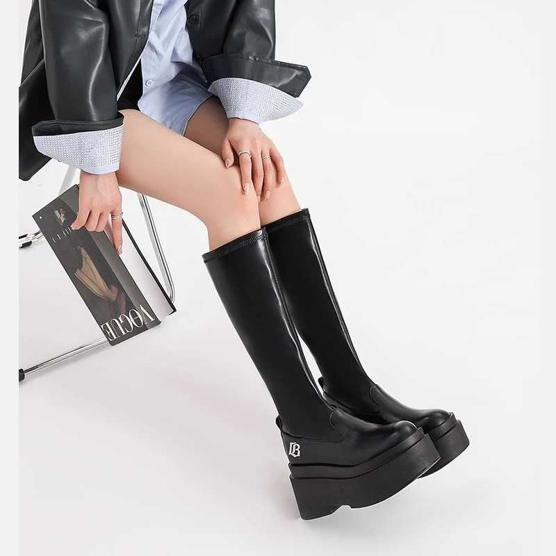 胖mm长筒靴女厚底长靴弹力瘦瘦靴大筒围高筒骑士靴粗腿大码女靴子