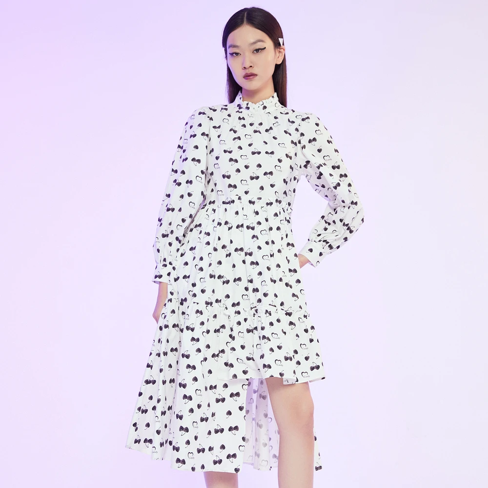 美特斯邦威连衣裙女赫本风春季碎花不对称荷叶边243414