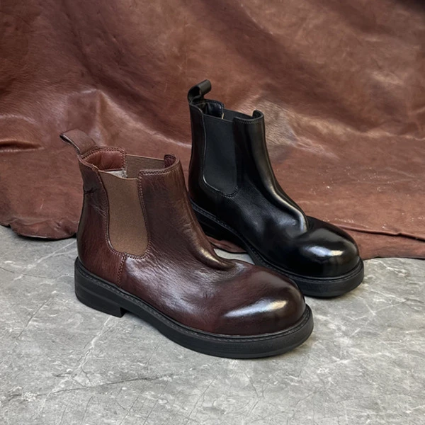 水洗马皮褶皱粗跟厚底秋冬时尚烟筒靴子切尔西加绒短靴女619-13