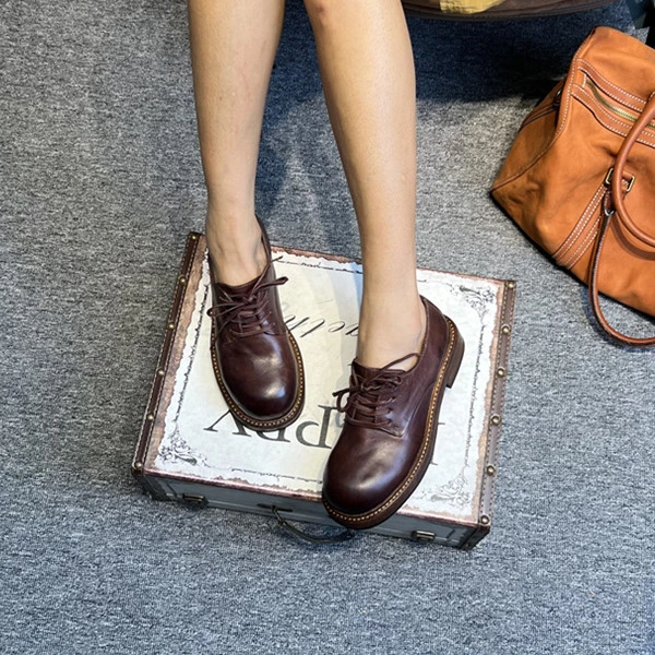 水洗马皮复古做旧圆头厚底系带单鞋百搭德比鞋2315-3