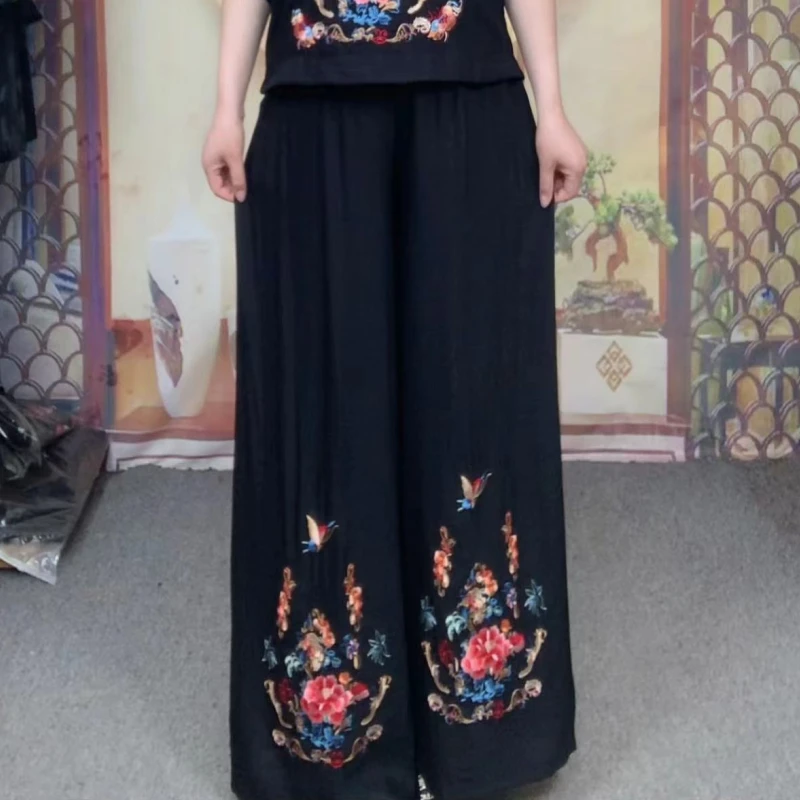 【爱漂亮】直筒时尚休闲阔腿裙裤宽松复古绣花百搭大码民族风9806款