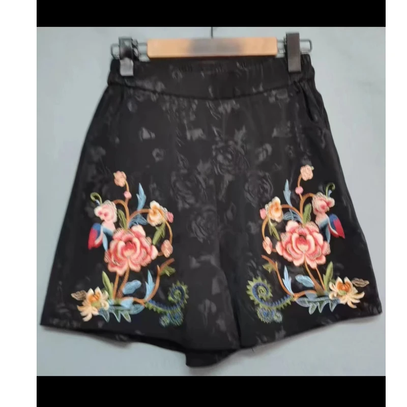 【爱漂亮】夏季新款新中式民族风刺绣短裤时尚百搭女士黑色提花绣花
