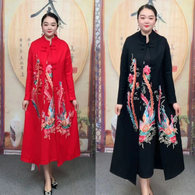 【爱漂亮】大码妈妈装中长款秋款长袖重工民族风绣花风衣外套9908款