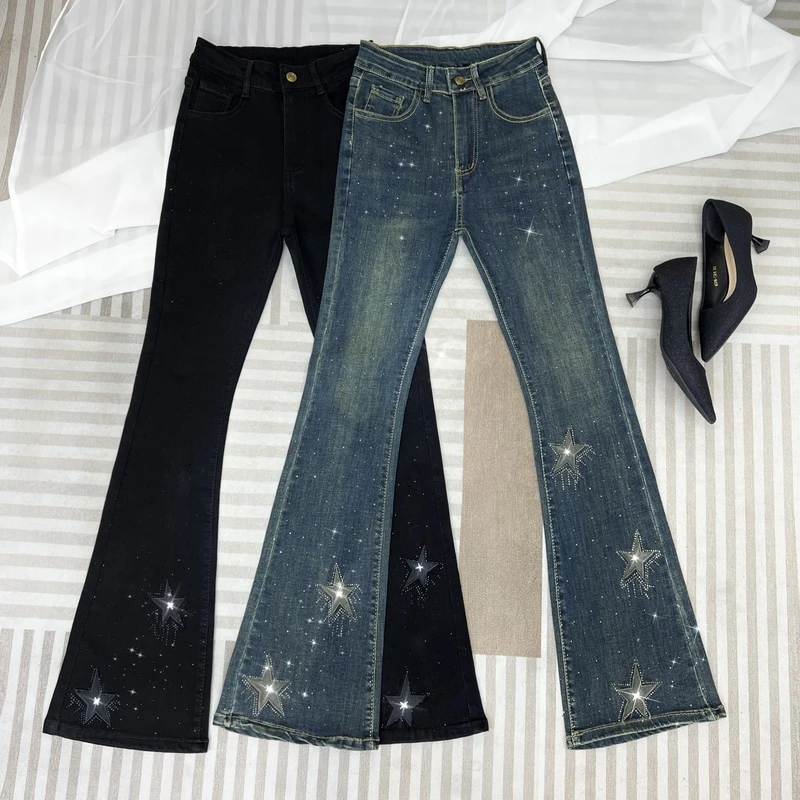 欧洲站烫钻微喇牛仔裤女2025年早秋新款弹力高腰修身显瘦星星刺绣