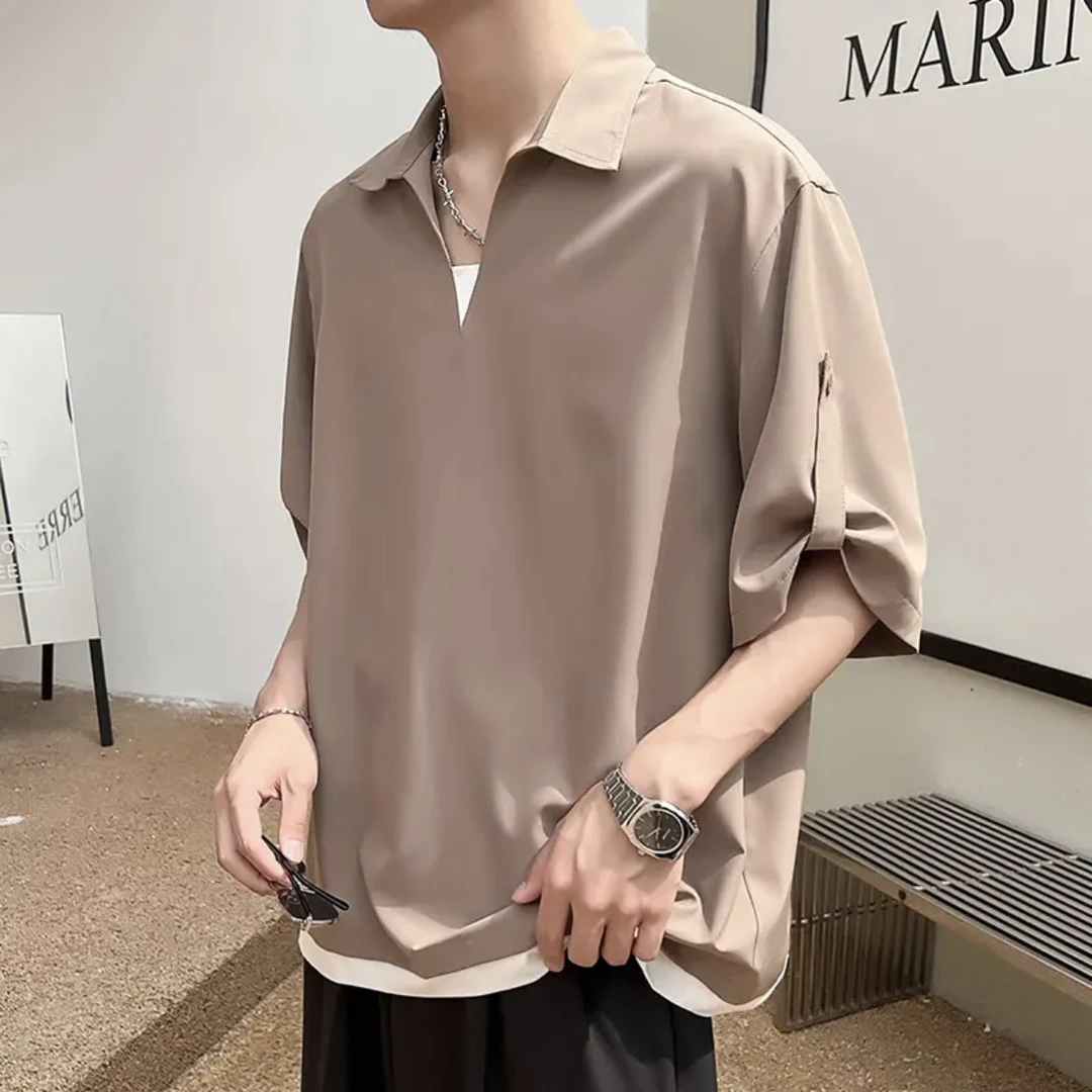 高级感V领POLO衫男夏季潮牌痞帅冰丝短袖T恤新款男士上衣HC23355