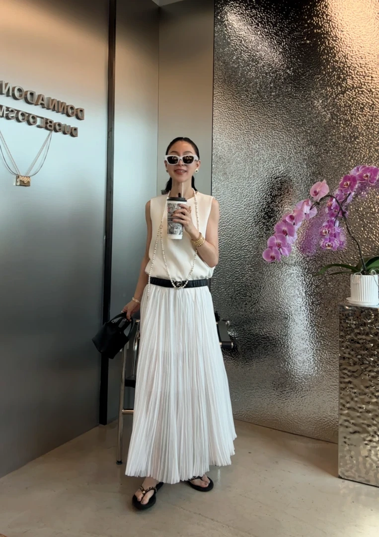 SONGTING 小众设计感 飘逸网纱百褶裙 圆领无袖背心连衣裙