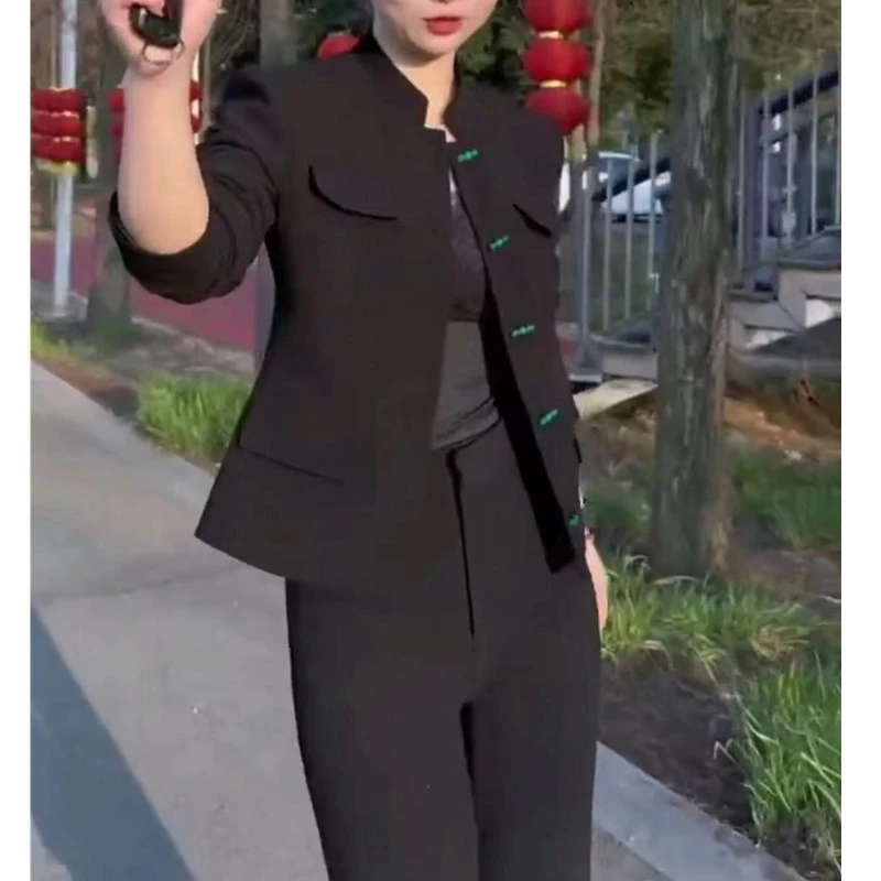 春季新款时尚新中式国风盘扣上衣微喇休闲裤女