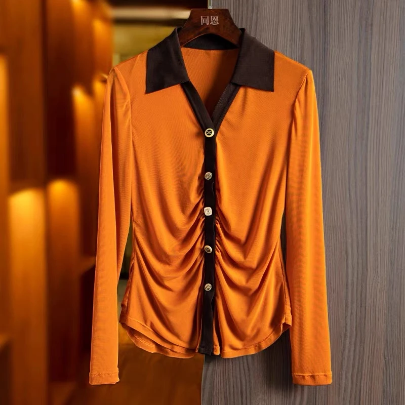 显瘦气质衬衣小众百搭短款洋气长袖衬衫修身设计感v领时尚打底衫