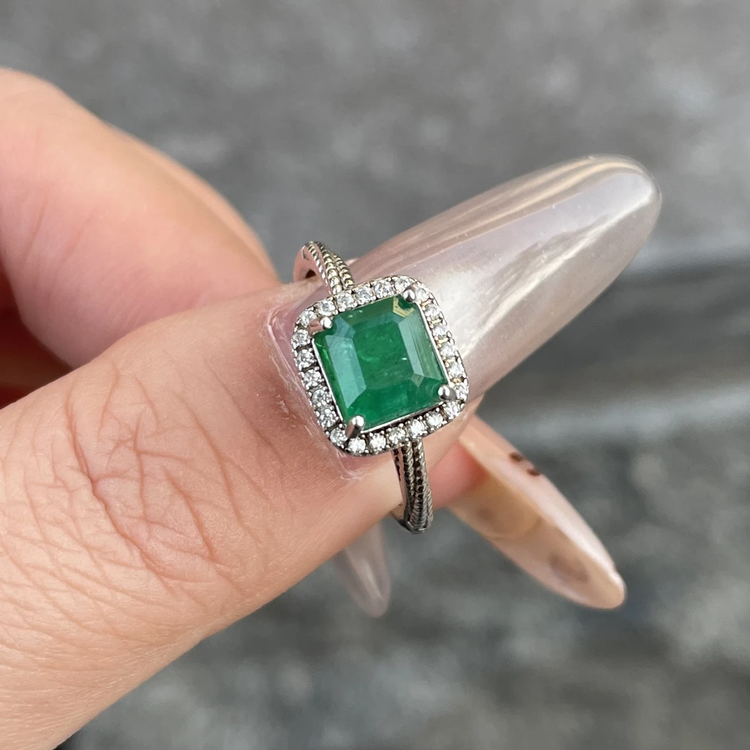 天然赞比亚祖母绿戒指女款方形新款珠宝首饰s925银主石方6.5mm