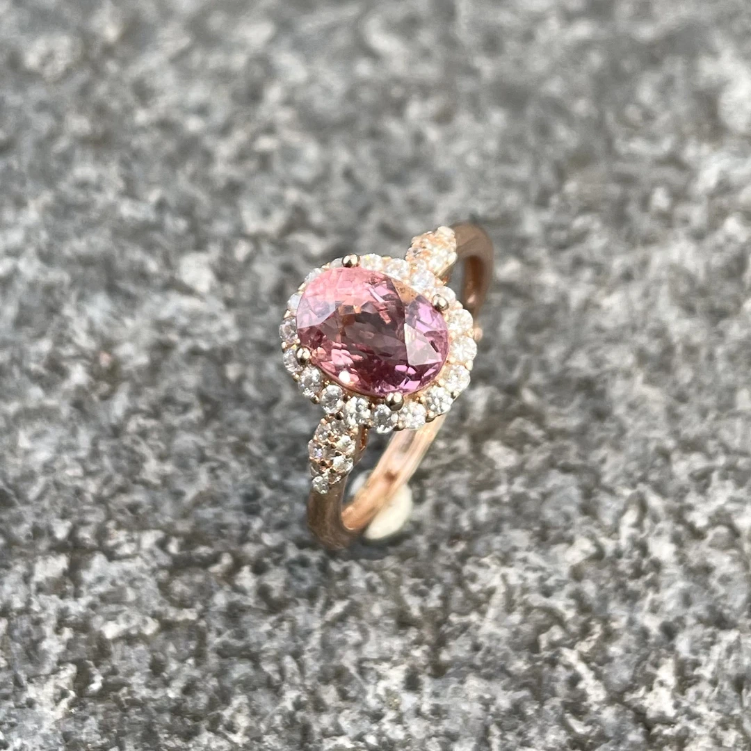 天然碧玺戒指蛋面女款仙女粉珠宝首饰s925银镀玫瑰金主石6*8mm