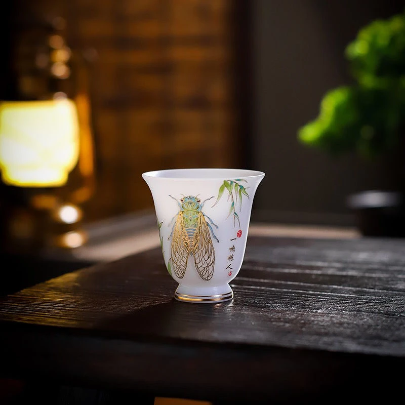 高档冰种彩绘闻香杯个人杯白瓷素烧主人杯一鸣惊人单杯礼盒装