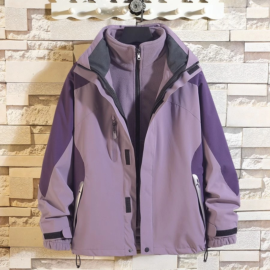 秋冬季紫色冲锋衣男三合一可拆卸两件套户外登山服女加绒加厚外套