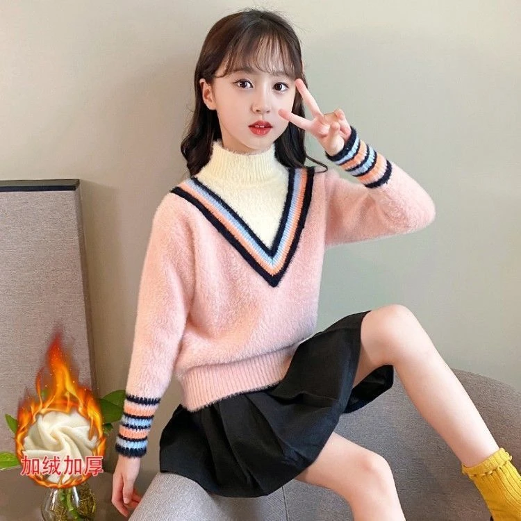 女童毛衣加厚水貂绒秋冬新款中大童洋气儿童针织衫一体绒打底衫