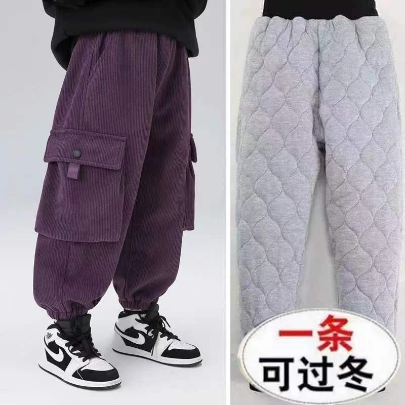 童装男童加绒裤子冬款工装裤灯芯绒儿童一条过冬中大童三层夹裤