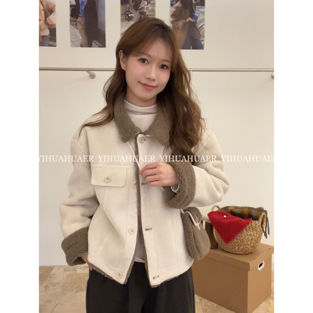 『咸口曲奇』东大门韩版复古风短款保暖翻领百搭外套➕包包9769