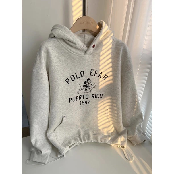 【滑板米Qi】B东大门韩国原单韩版米Q印花抽绳下摆加绒连帽卫衣2018