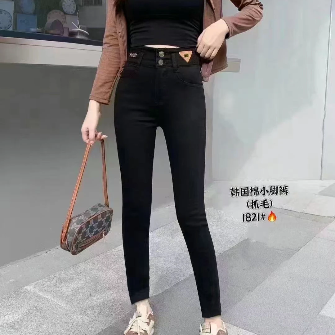 小鑫肝@新款抓毛韩国棉带扣小装饰气质百搭修身烟管裤 1821