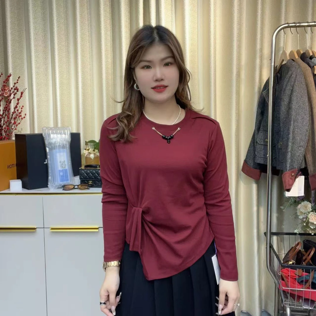 小鑫肝@秋款现货浮力重工带链褶皱不规则下摆气质百搭长袖T恤 903